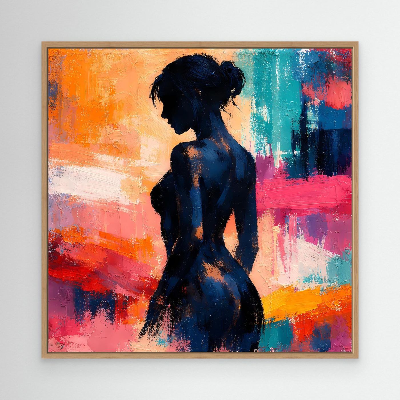 Gerahmtes abstraktes Leinwandbild mit Frauensilhouette in Dunkelblau und bunten Pinselstrichen.