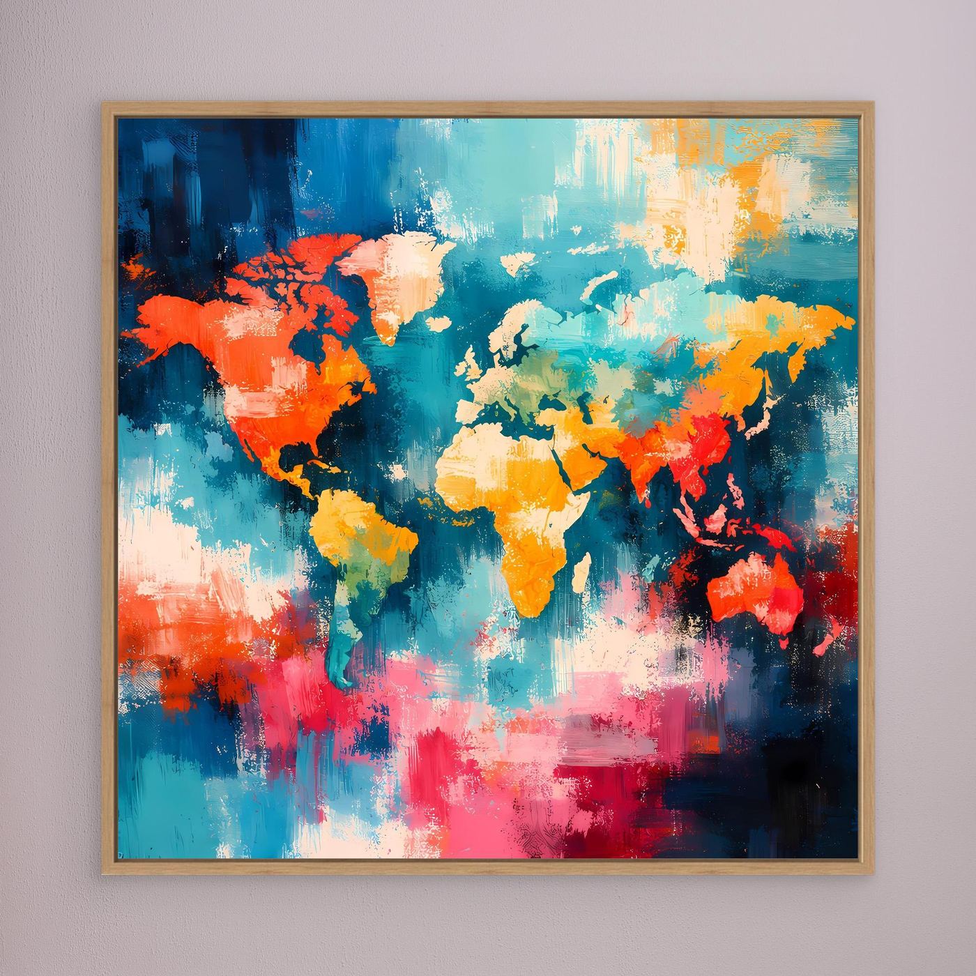Abstract world map canvas with colorful splash-style continents in an oak frame