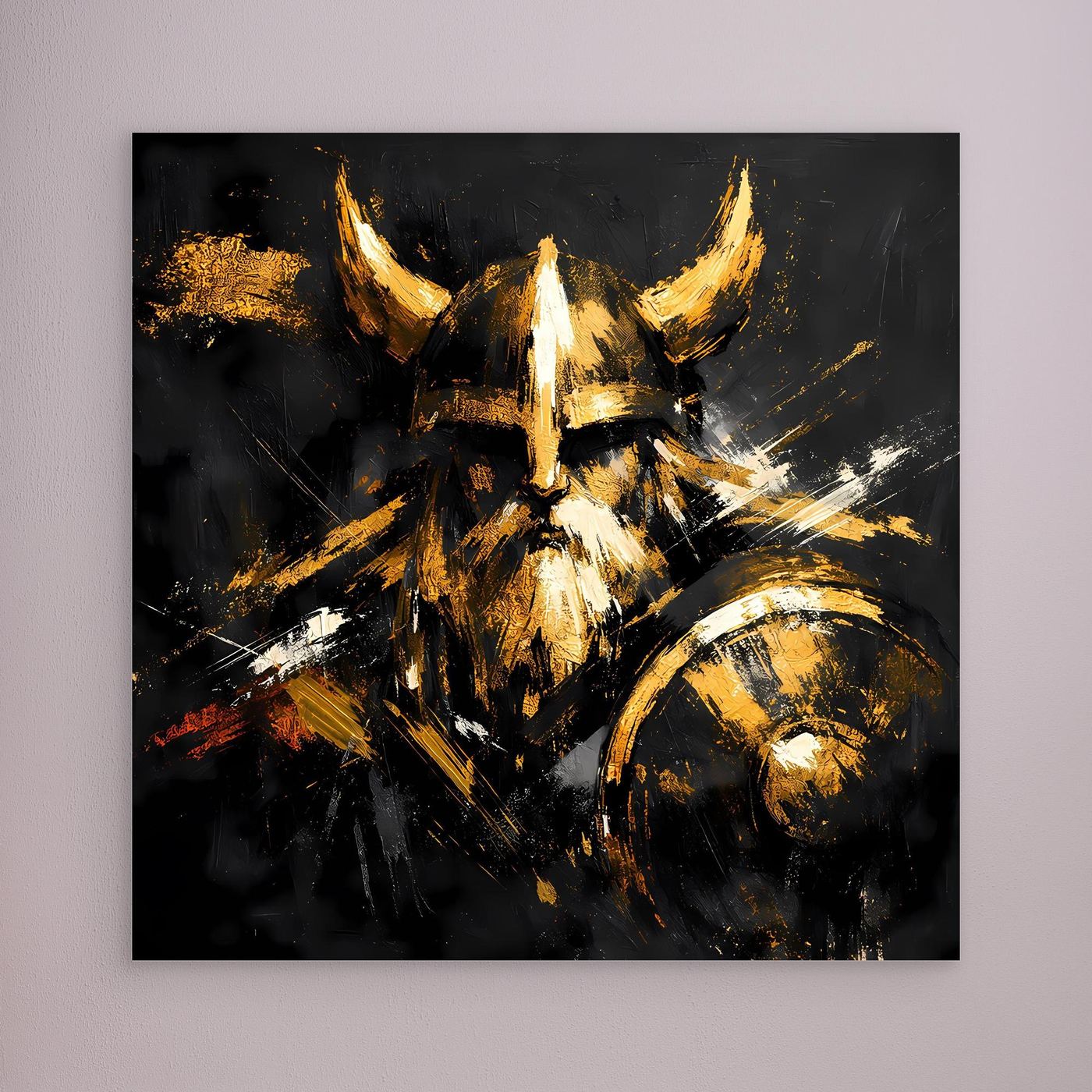 Leinwand Goldener Wikinger mit Schild | Abstraktes Nordmann Wandbild Modern