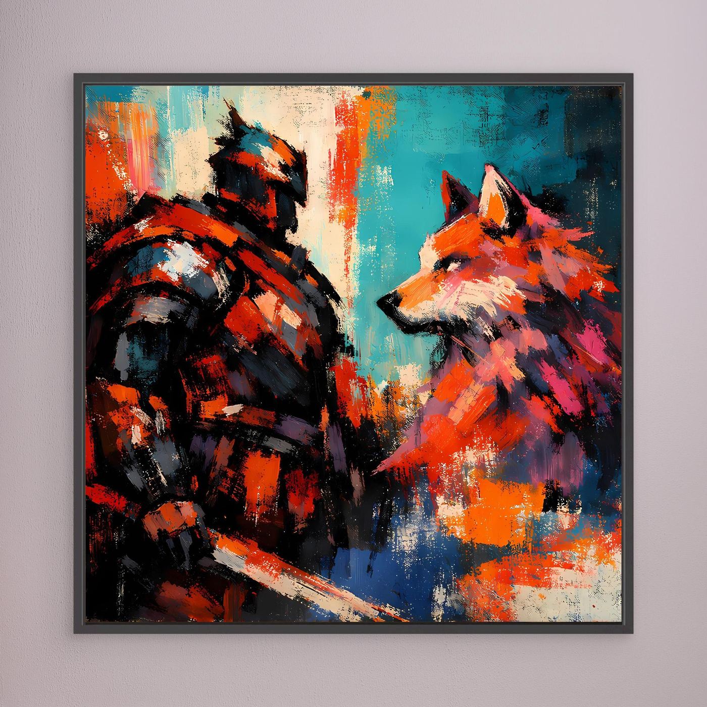 Abstraktes Leinwandbild mit Kriegerfigur und Wolf, schwarzer Rahmen