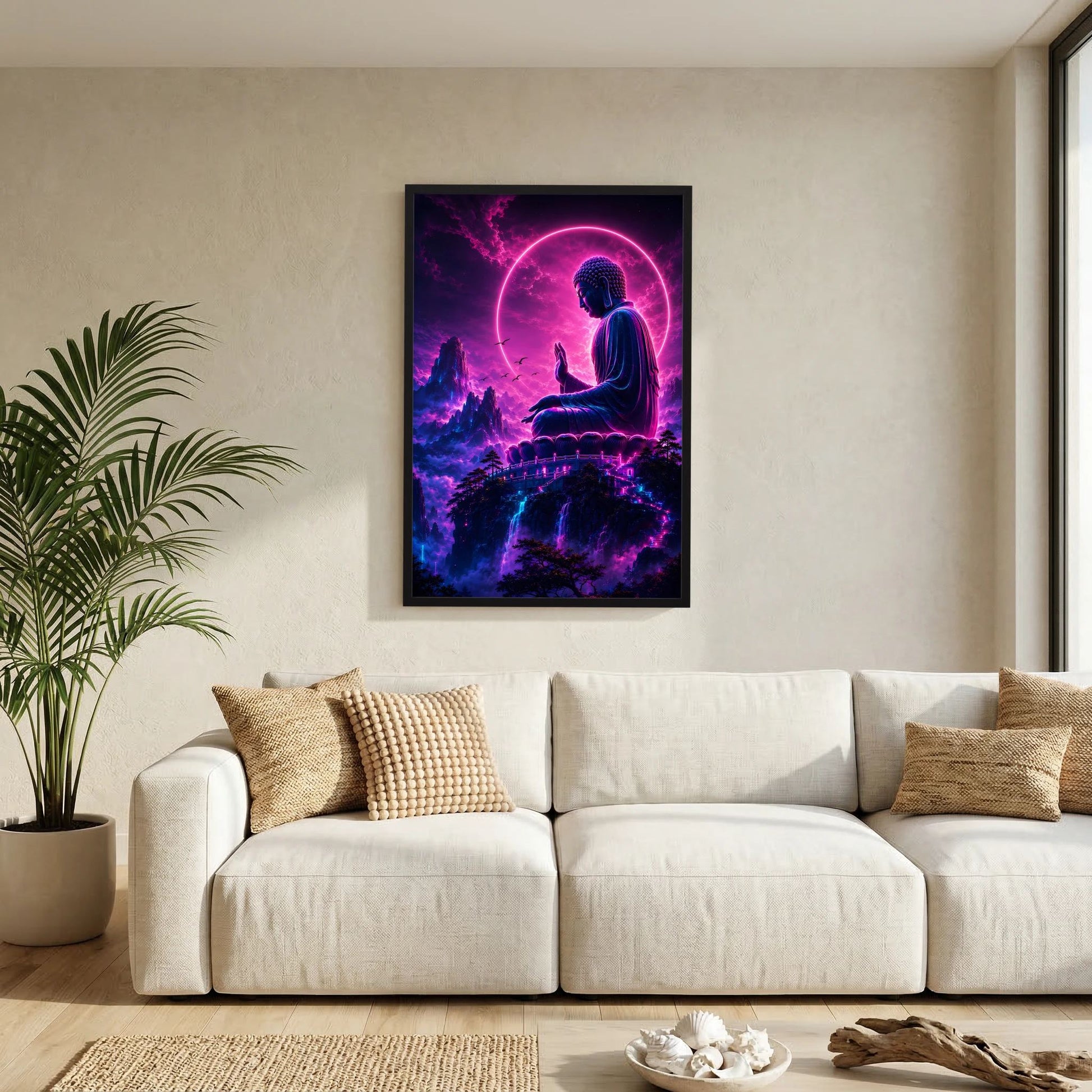 Neon-Buddha-Poster, sitzender Buddha mit leuchtendem Kreis, im schwarzen Rahmen
