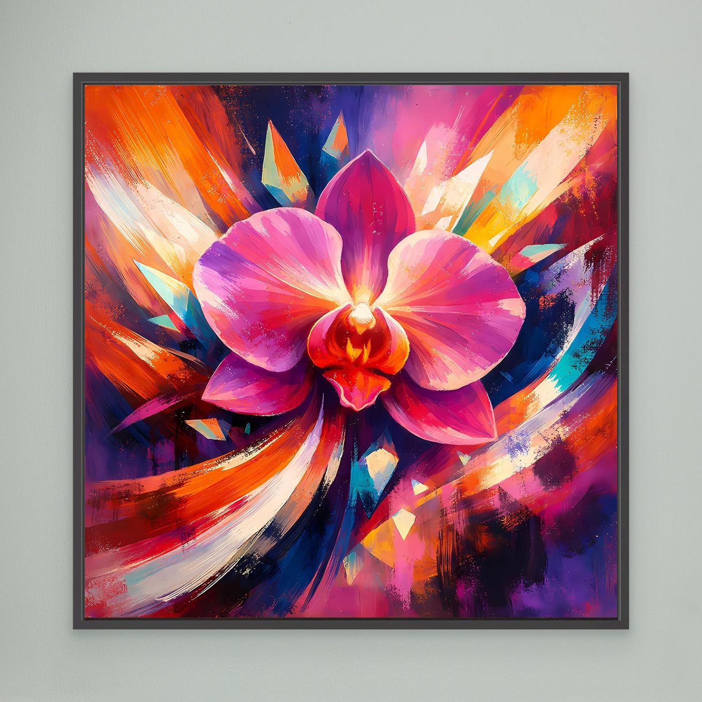 Gerahmtes Leinwandbild mit abstrakter Orchidee in Pink, Lila und Orange, schwarzer Rahmen.