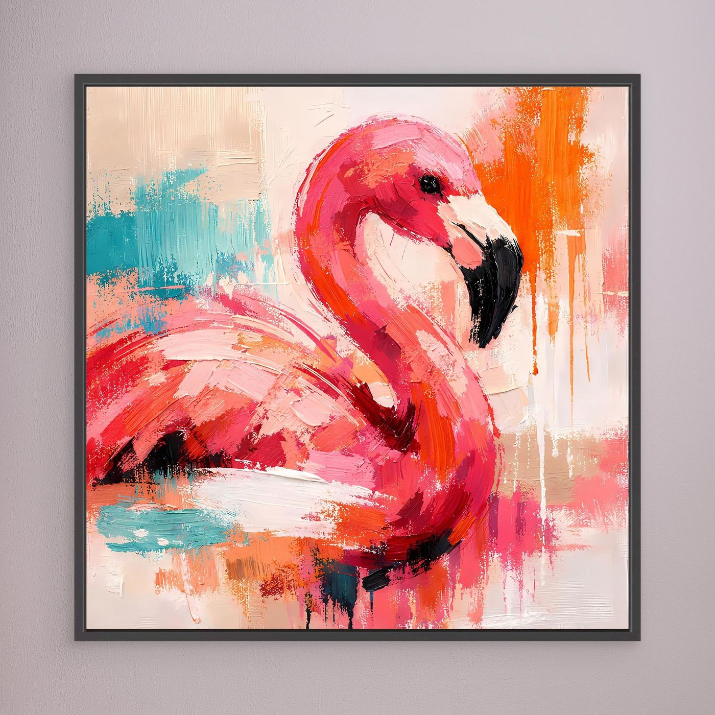 Gerahmtes Leinwandbild mit abstraktem Flamingo, rot und orange, schwarzer Rahmen