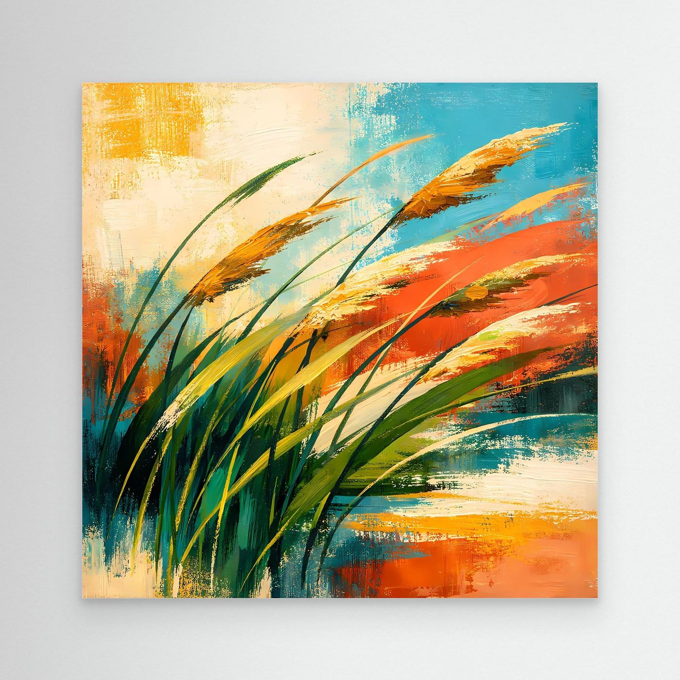 Leinwandbild mit abstrakten Gräsern (Grün, Orange, Blau), ungerahmt