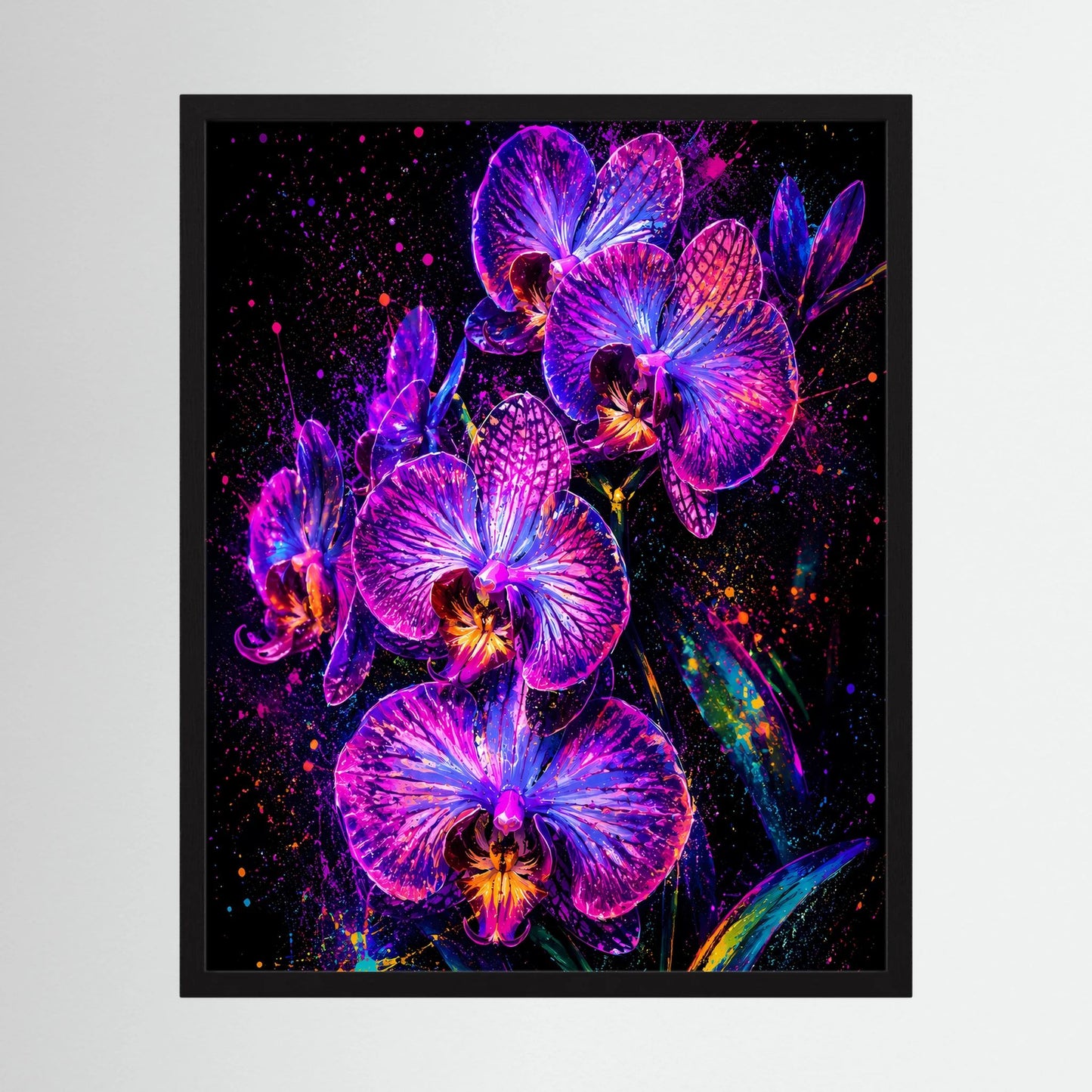 Neon-Orchideen-Blumenposter mit schwarzem Rahmen: leuchtende Pink- und Violettorchideen