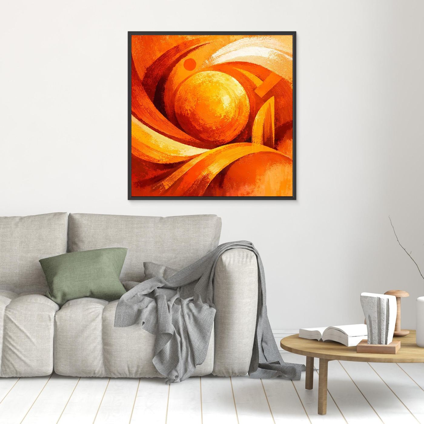 Kleines Leinwand-Wandbild mit abstrakter Wirbel-Sonne in Orange und Gelb, schwarz gerahmt