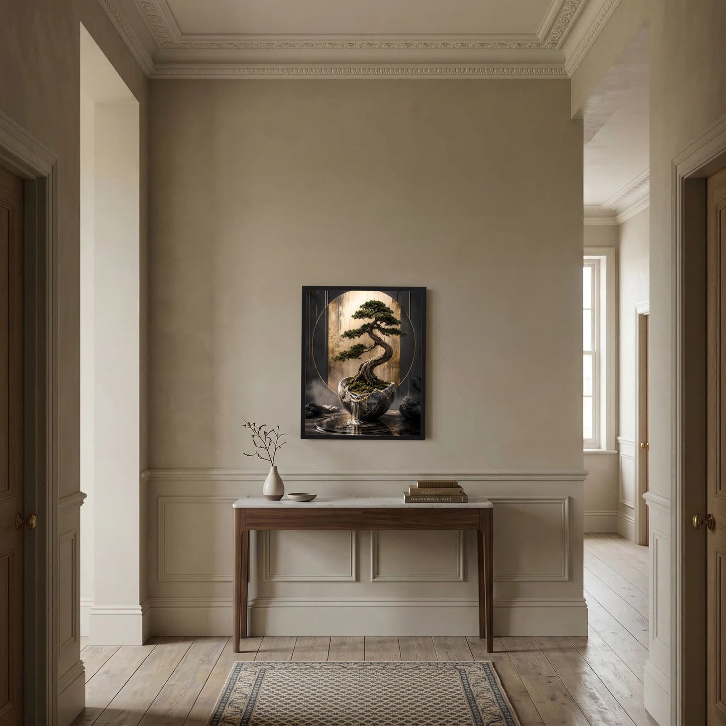 Hochformat-Poster mit Bonsai im schwarzen Topf, goldene Akzente und schwarzer Rahmen