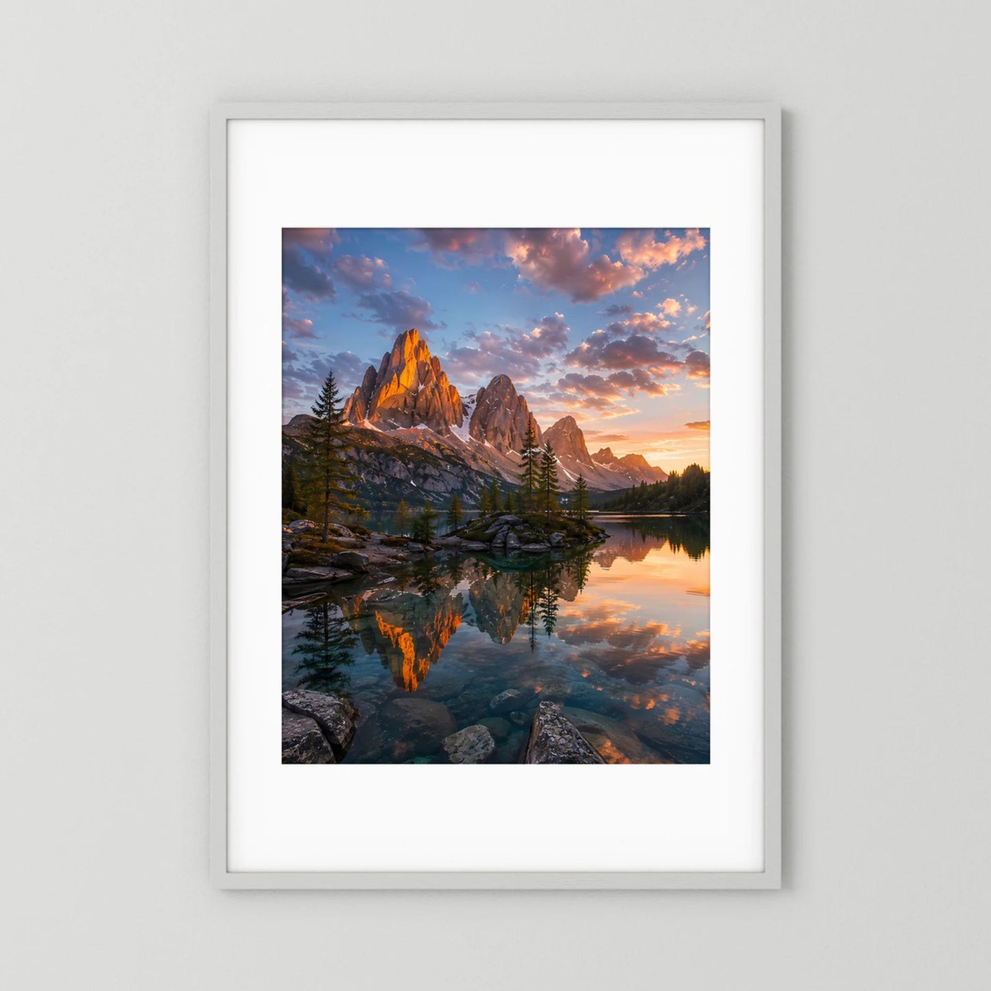 Bergsee im Sonnenuntergang | Leuchtende Berglandschaft mit Spiegelung | Poster Hochformat