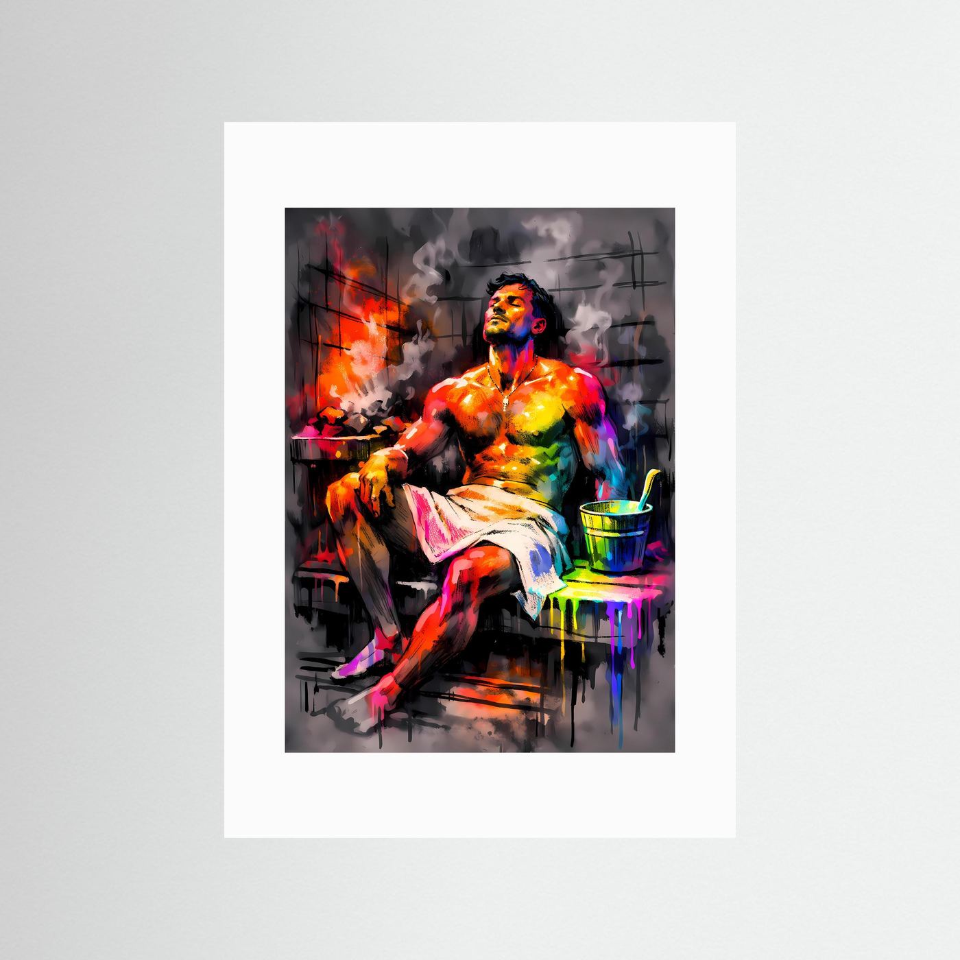 Die Kunst der Entspannung | Neon Sauna Poster mit männlicher Silhouette & Regenbogen-Farben | Abstraktes Pop-Art Kunstposter Hochformat