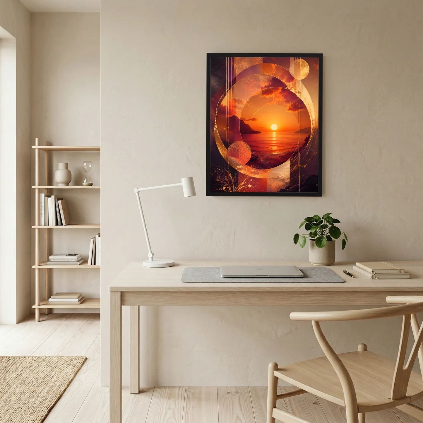 Gerahmtes abstraktes Sonnenuntergangs-Poster mit gold/orange Kreisen über Meer