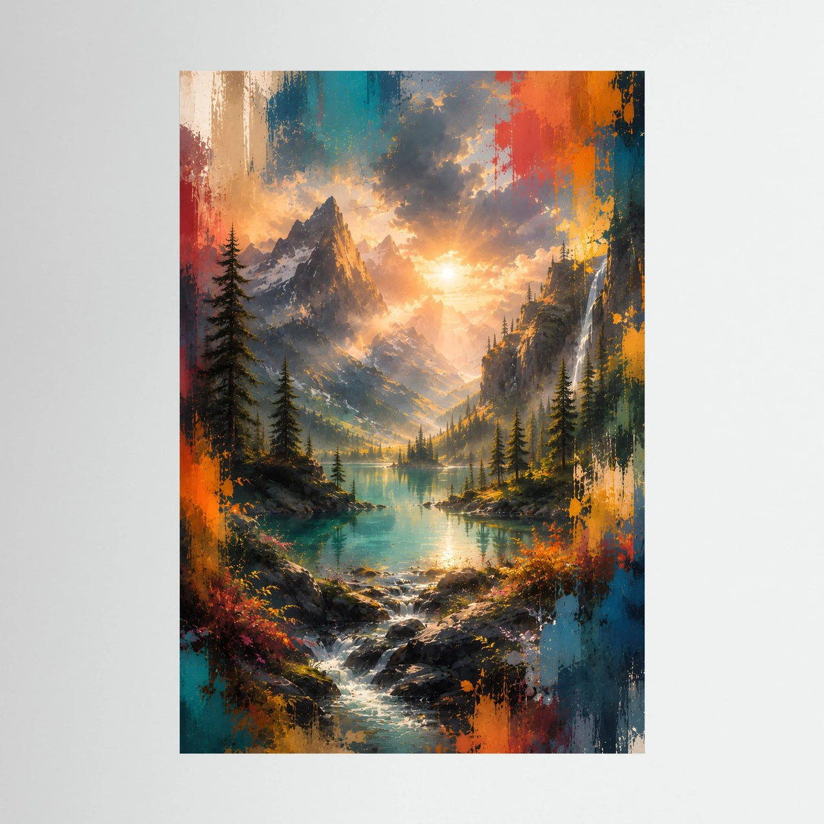 Hochformat-Wandbild ohne Rahmen: Bergsee bei Sonnenuntergang mit Sonne und Tannen