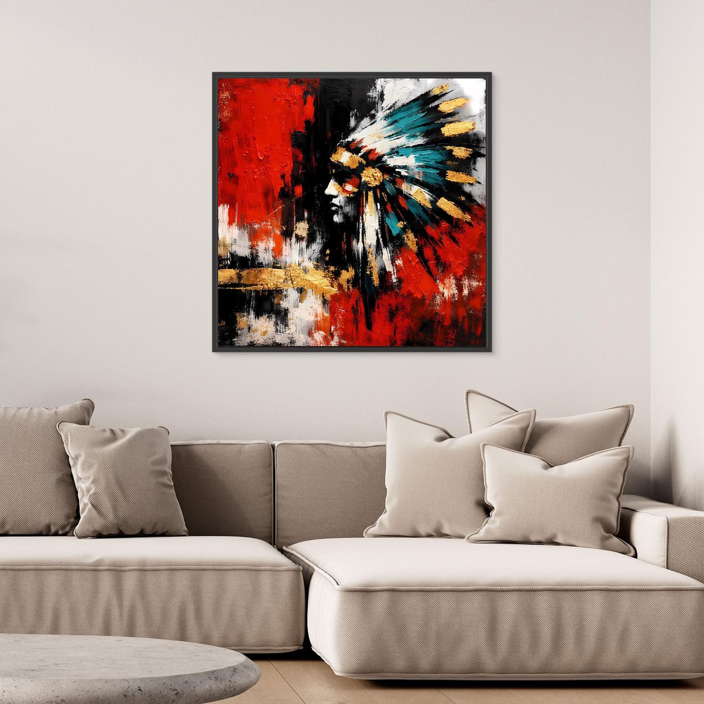 Leinwand-Wandbild mit abstraktem Porträt, kräftiges Rot-Schwarz, Weiß und Türkis, schwarzer Rahmen