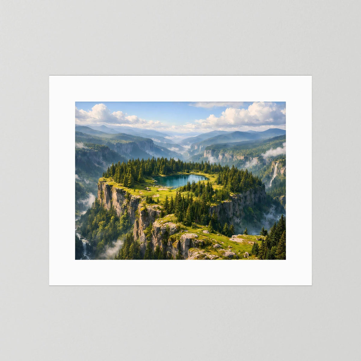 Querformatiges Wandbild mit weißem Rahmen: Bergsee im Tal und Felsen