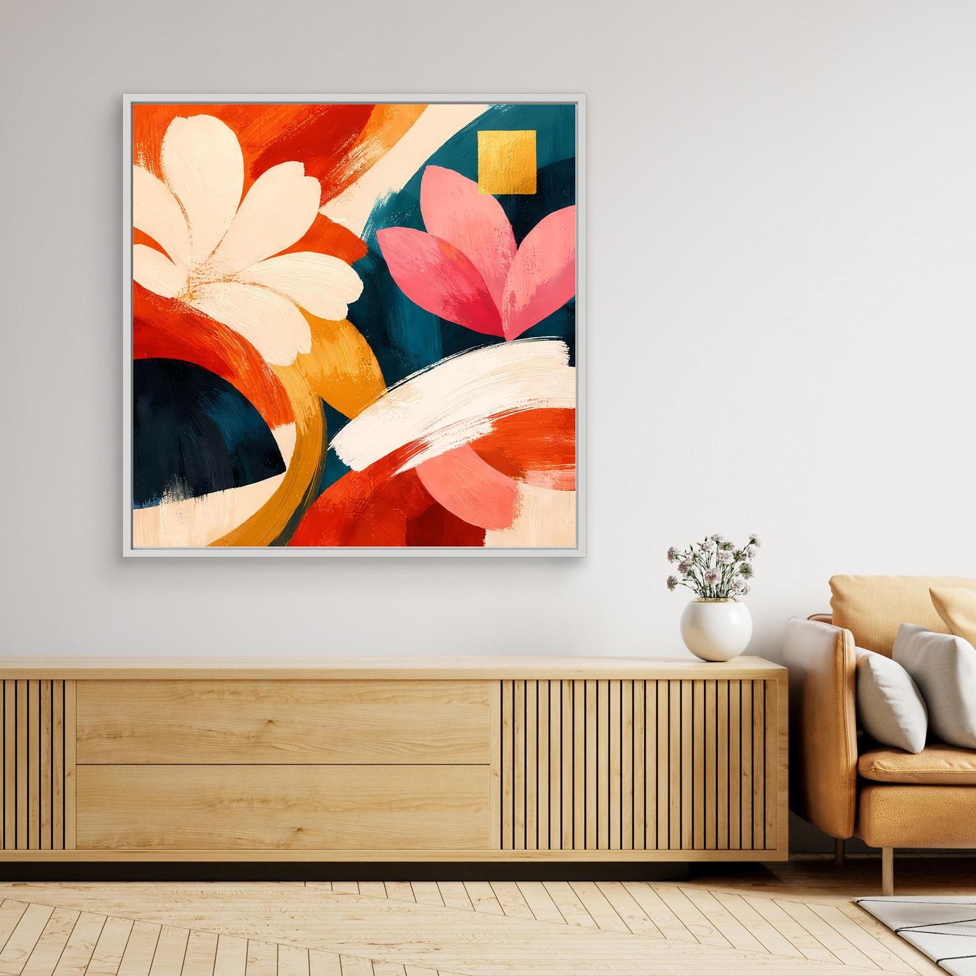 Gerahmtes Leinwand-Wandbild mit abstrakten Blüten in Rot, Pink, Petrol und Gold-Akzent