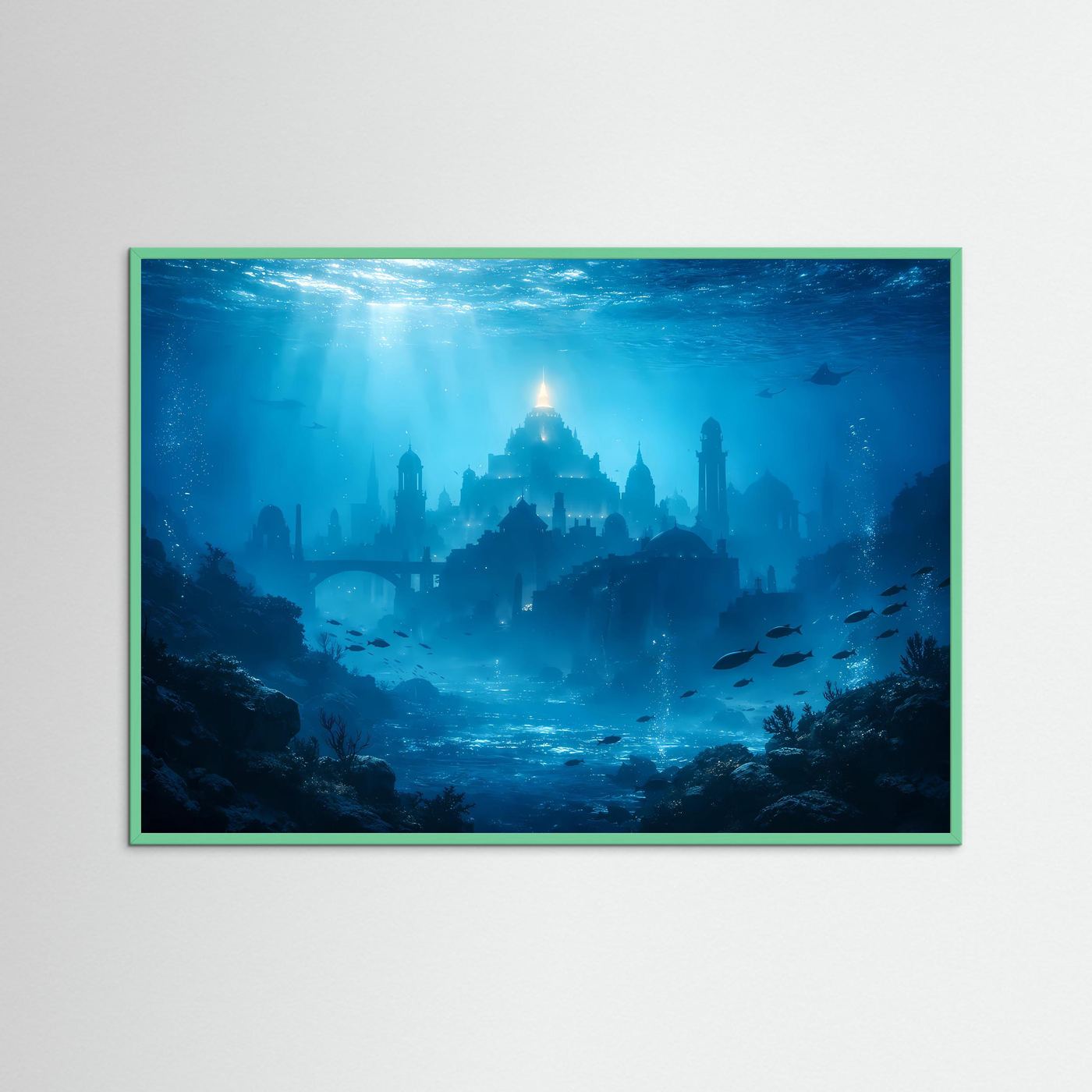 Querformat-Poster mit versunkener Stadt unter Wasser, blaues Licht, Silhouetten von Türmen und Fischen