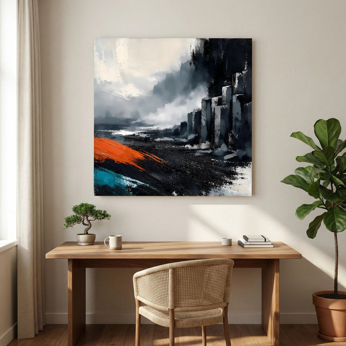 Leinwand Abstraktes Basaltsäulen Gemälde | Modernes Isländisches Vulkan Wandbild Schwarz Orange