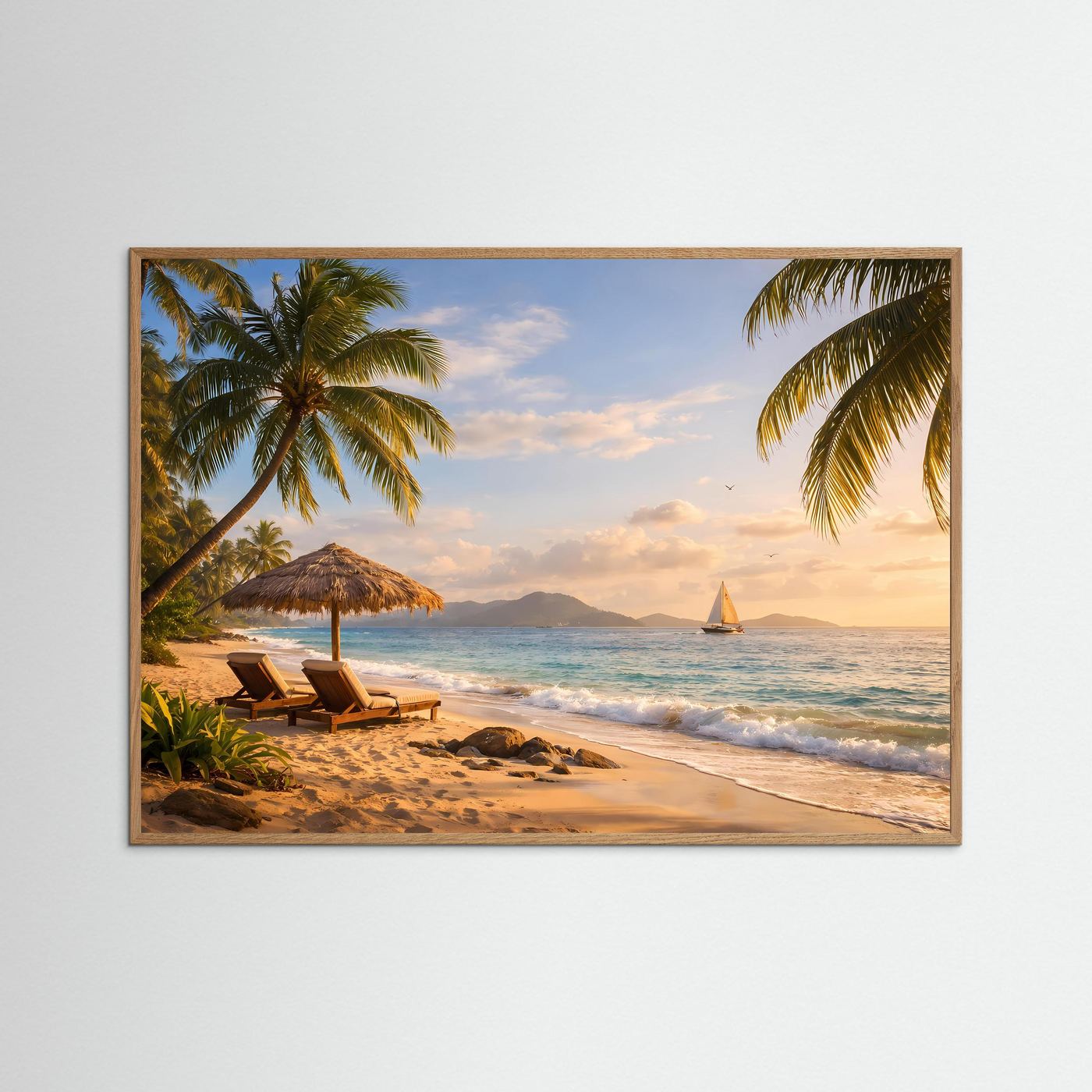 Tropischer Traumstrand bei Sonnenuntergang | Karibik Strand & Segelboot Wandbild Querformat