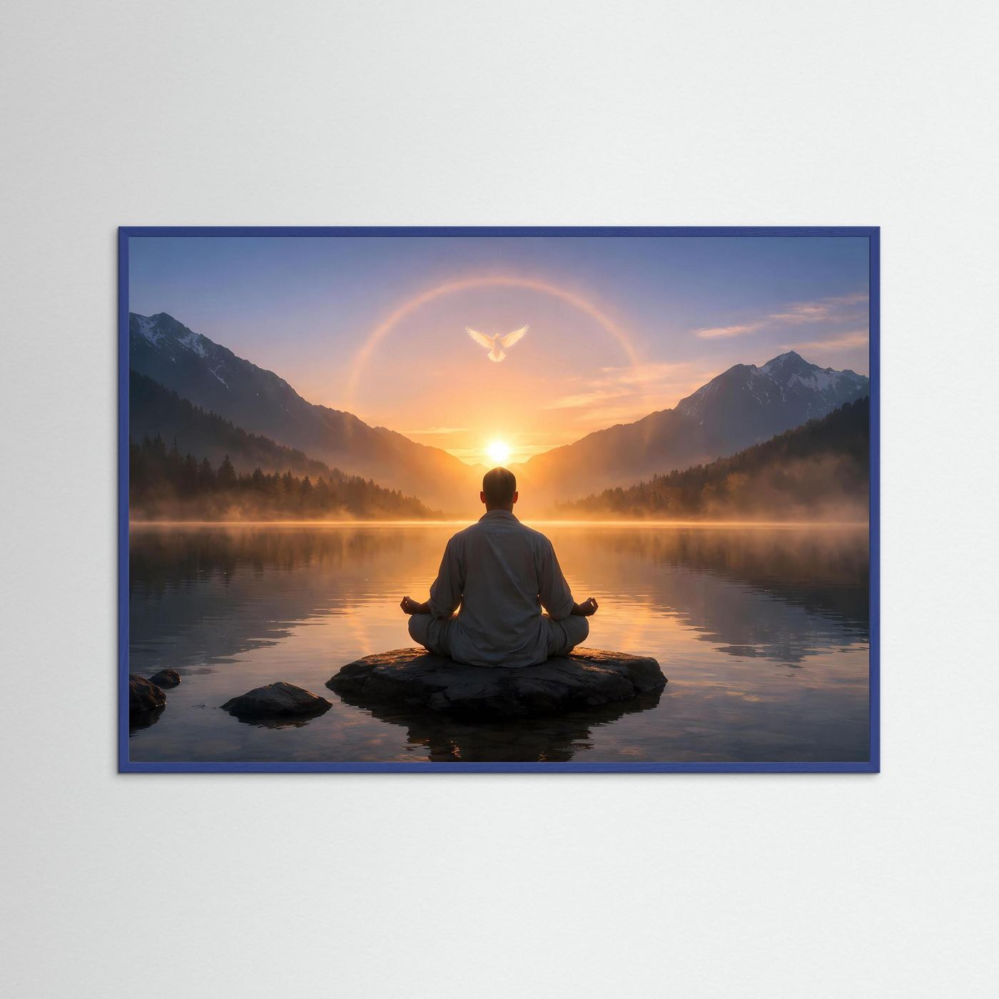 Gerahmtes Poster mit meditierender Person am Bergsee beim Sonnenaufgang, breiter Rahmen