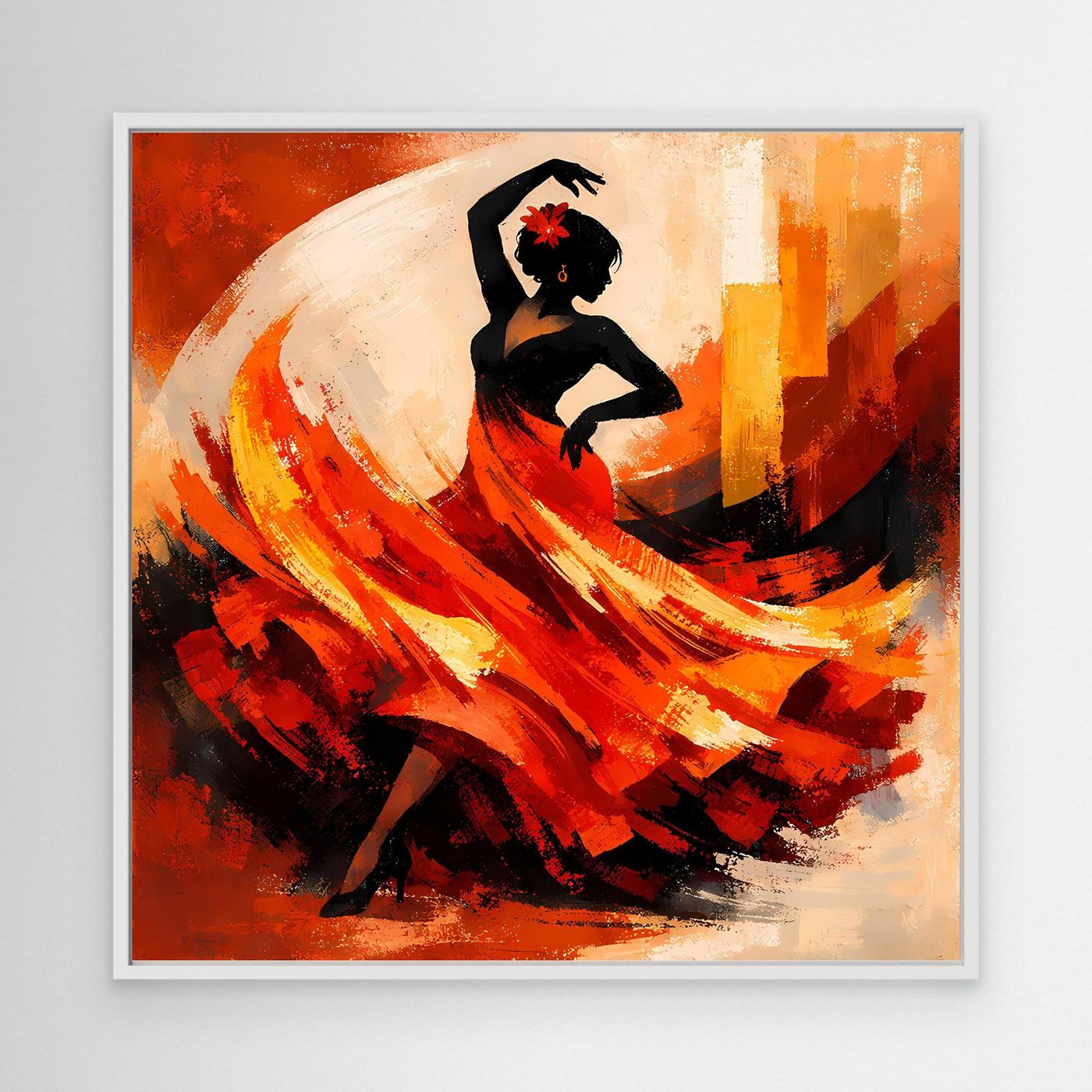 Leinwandbild Flamenco-Tänzerin mit weißem Rahmen, rote und gelbe Farbflächen
