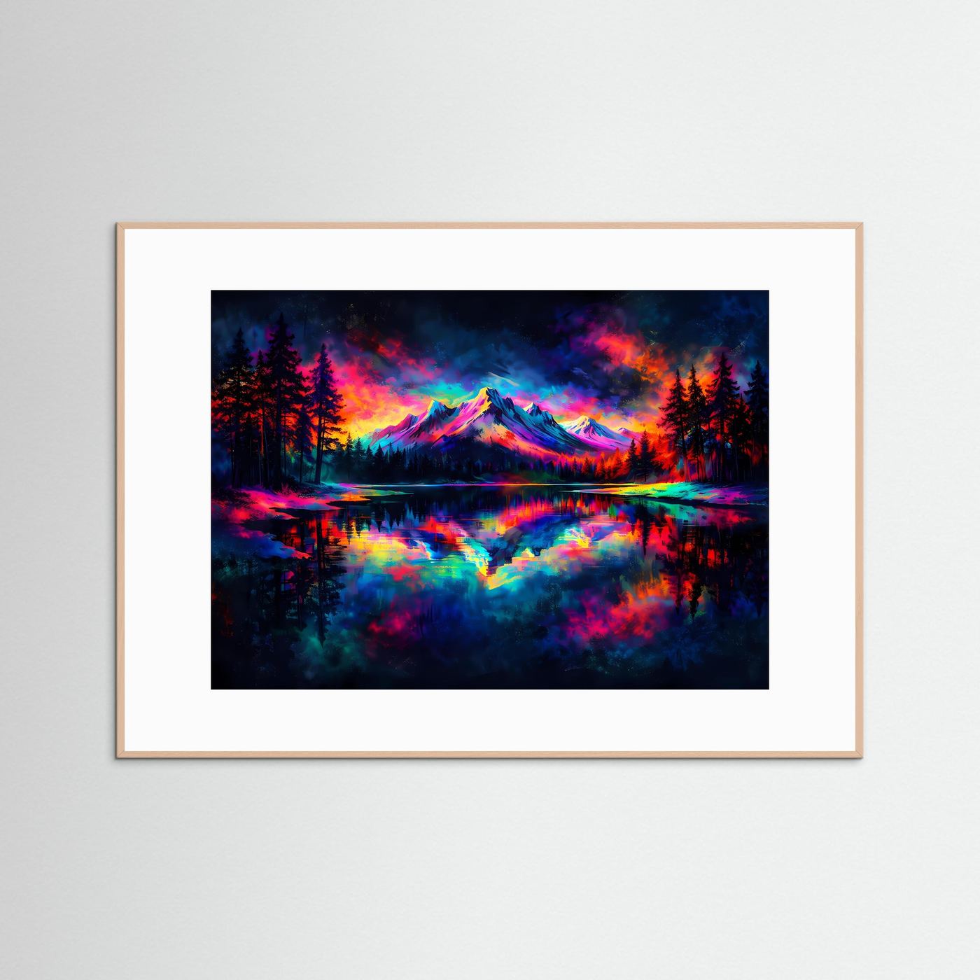 Pop-Art-Naturposter mit Gebirgslandschaft am See, farbiges Bergmotiv, heller Holzrahmen