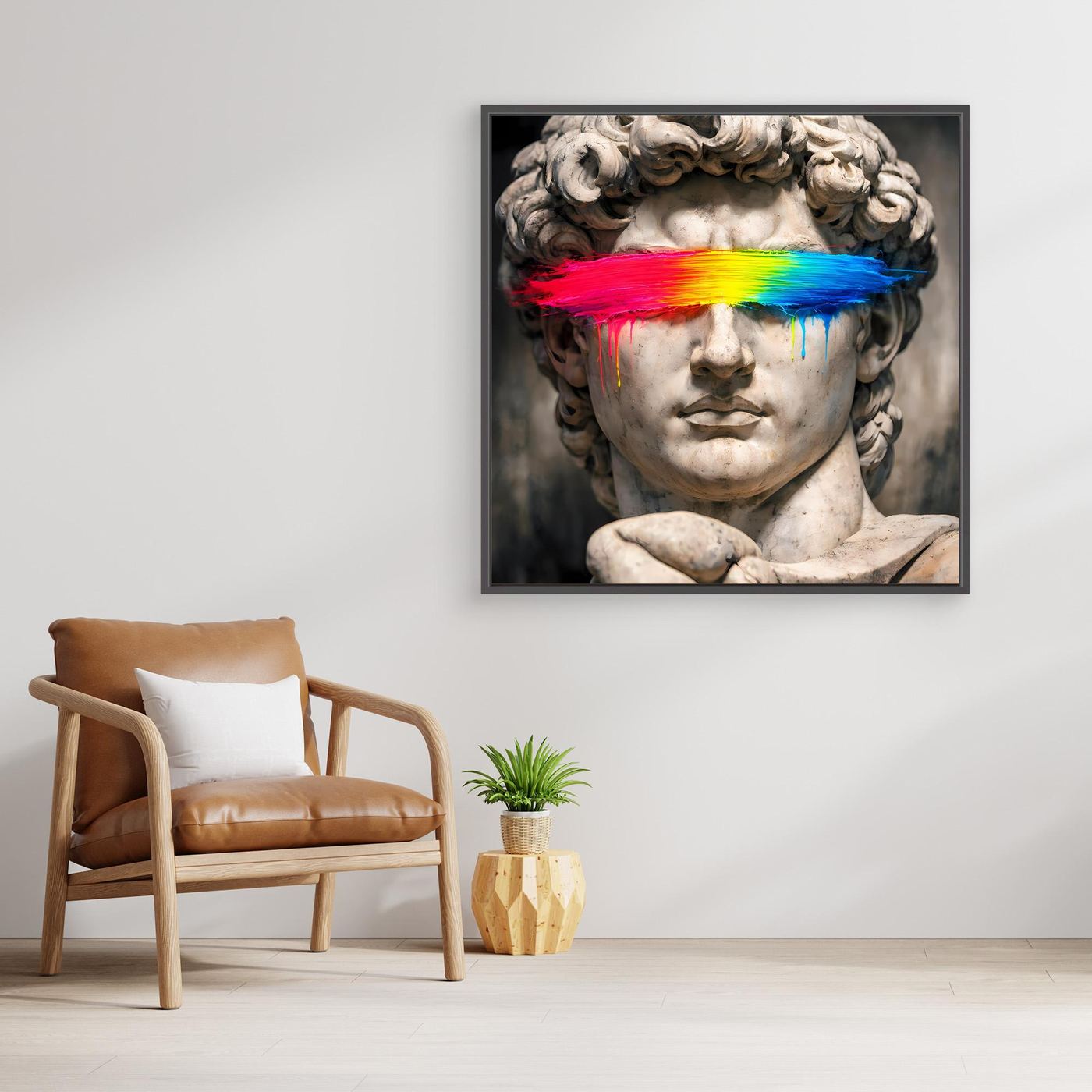 Leinwandbild David-Statue mit Regenbogenfarbbalken, dunkler Rahmen