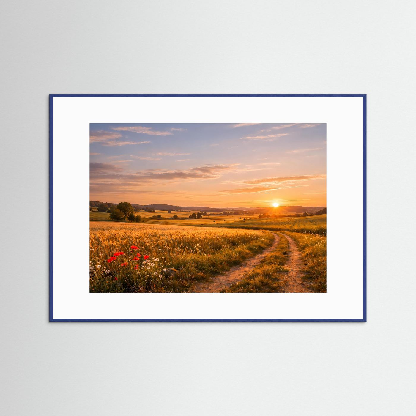 Idyllischer Sonnenuntergang im Kornfeld | Feldweg & Natur Poster Querformat
