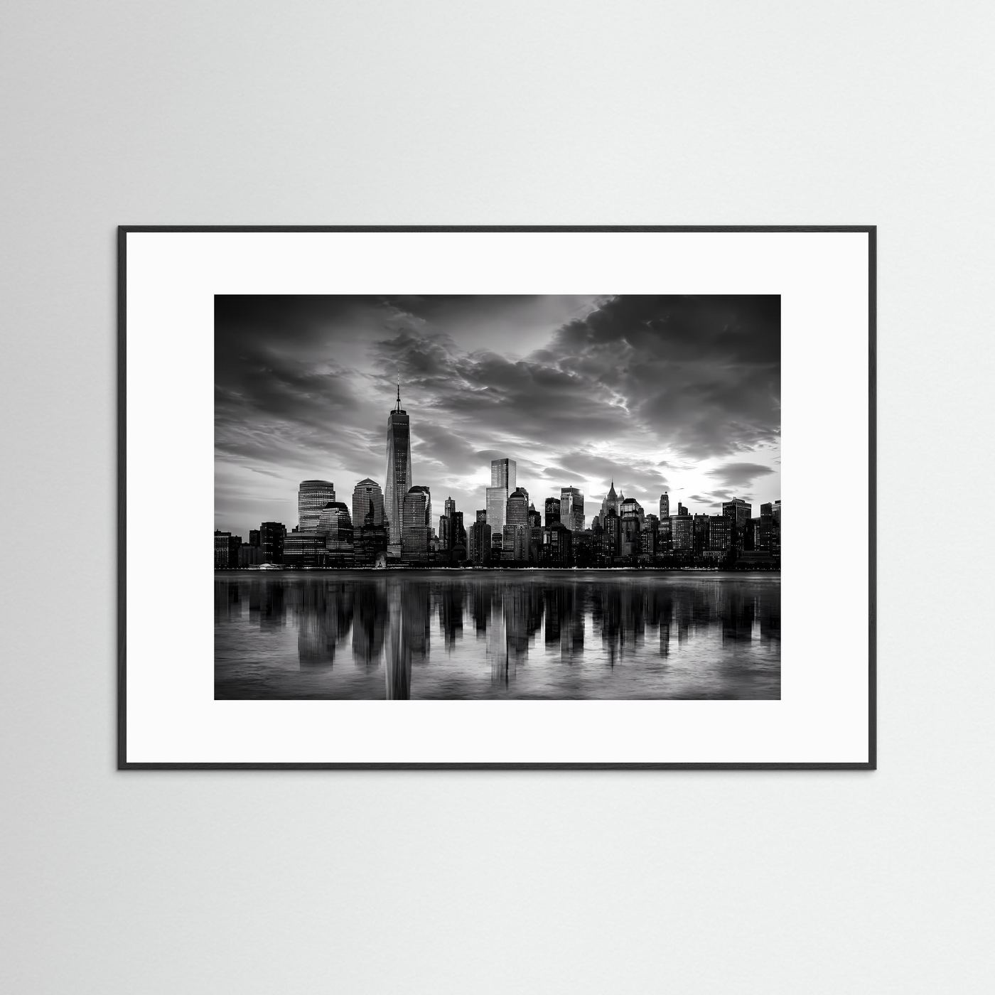 Schwarzweiß-Stadtpanorama als Poster mit Skyline und Spiegelung, weißes Passepartout & schwarzer Rahmen
