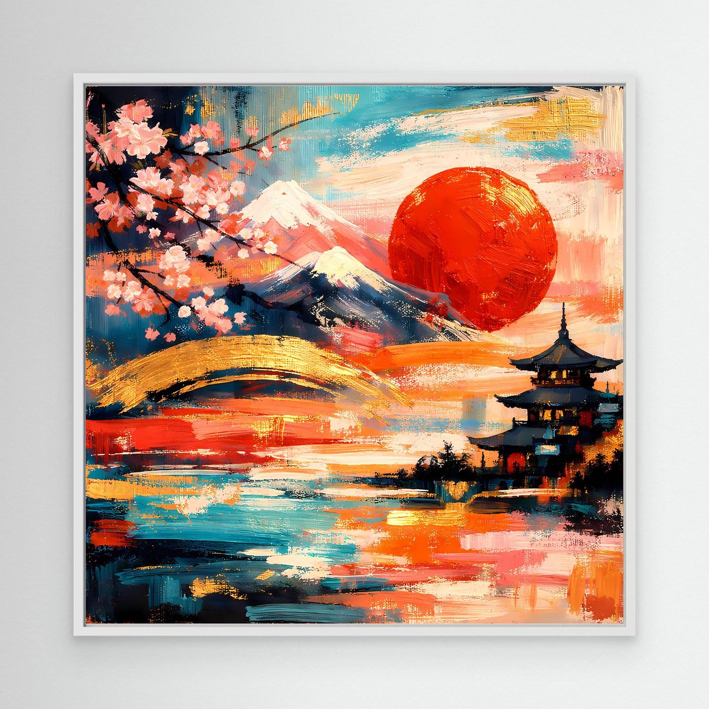 Gerahmtes Leinwandbild mit Fuji, roter Sonne, Kirschblütenzweig und Pagode, abstrakte Pinselstriche