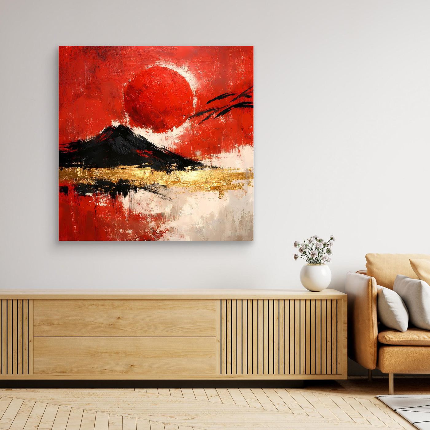 Leinwand Abstraktes Japan Wandbild in Rot und Gold | Modernes Fuji & Rote Sonne Gemälde
