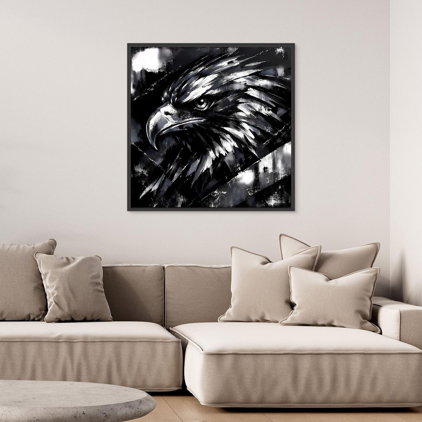 Quadratisches Leinwandbild mit Adlerkopf in Schwarzweiß mit schwarzem Rahmen, abstrakt