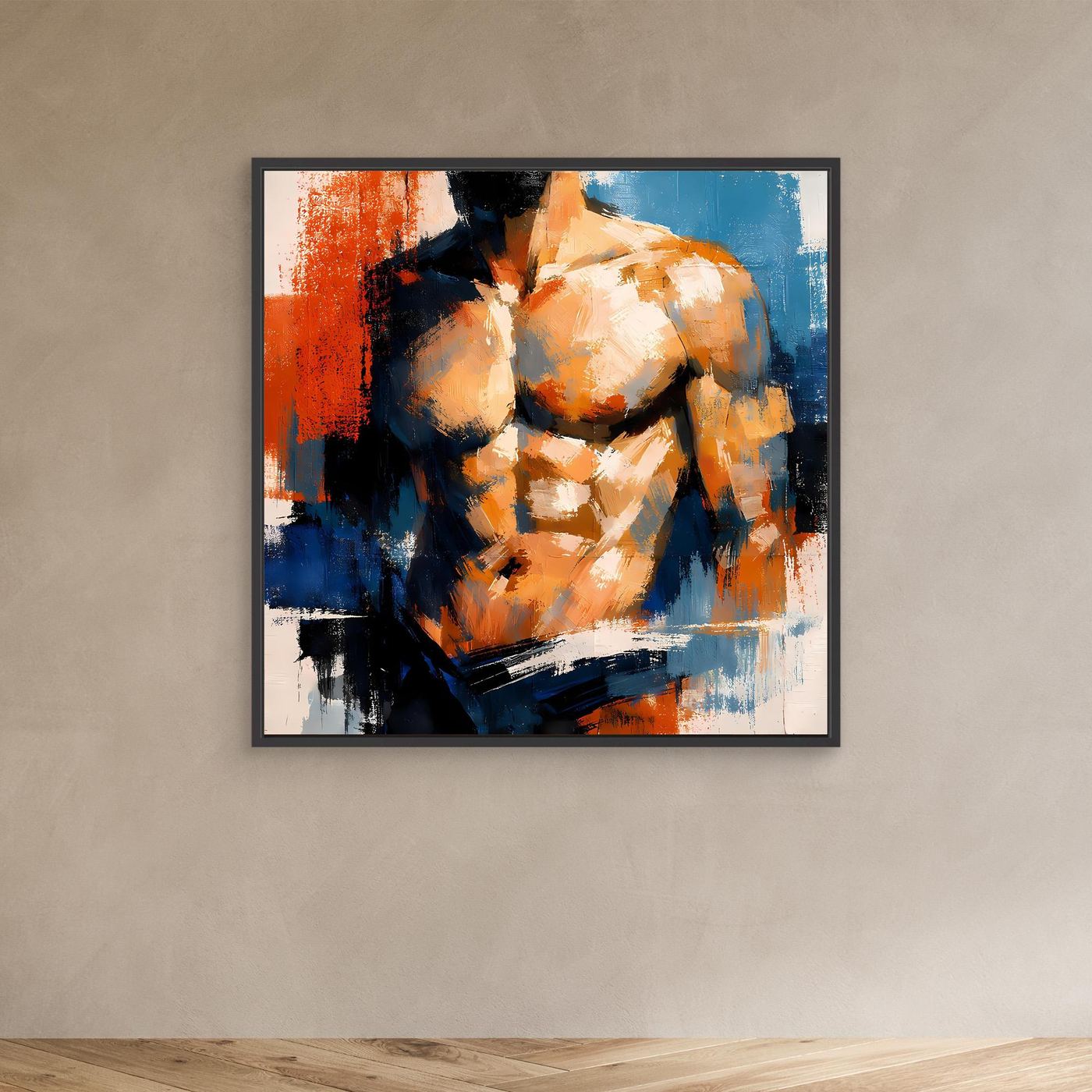 Athletic male torso canvas wall art with black frame, blue orange and black abstract strokes