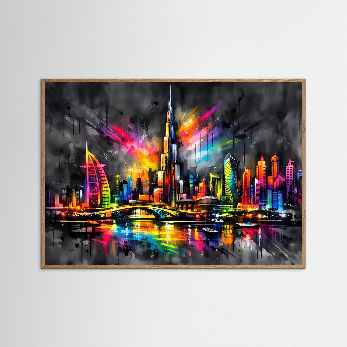 Wandbild Neon-Dubai-Skyline bei Nacht mit Brücke und farbigen Lichtern, Holzrahmen