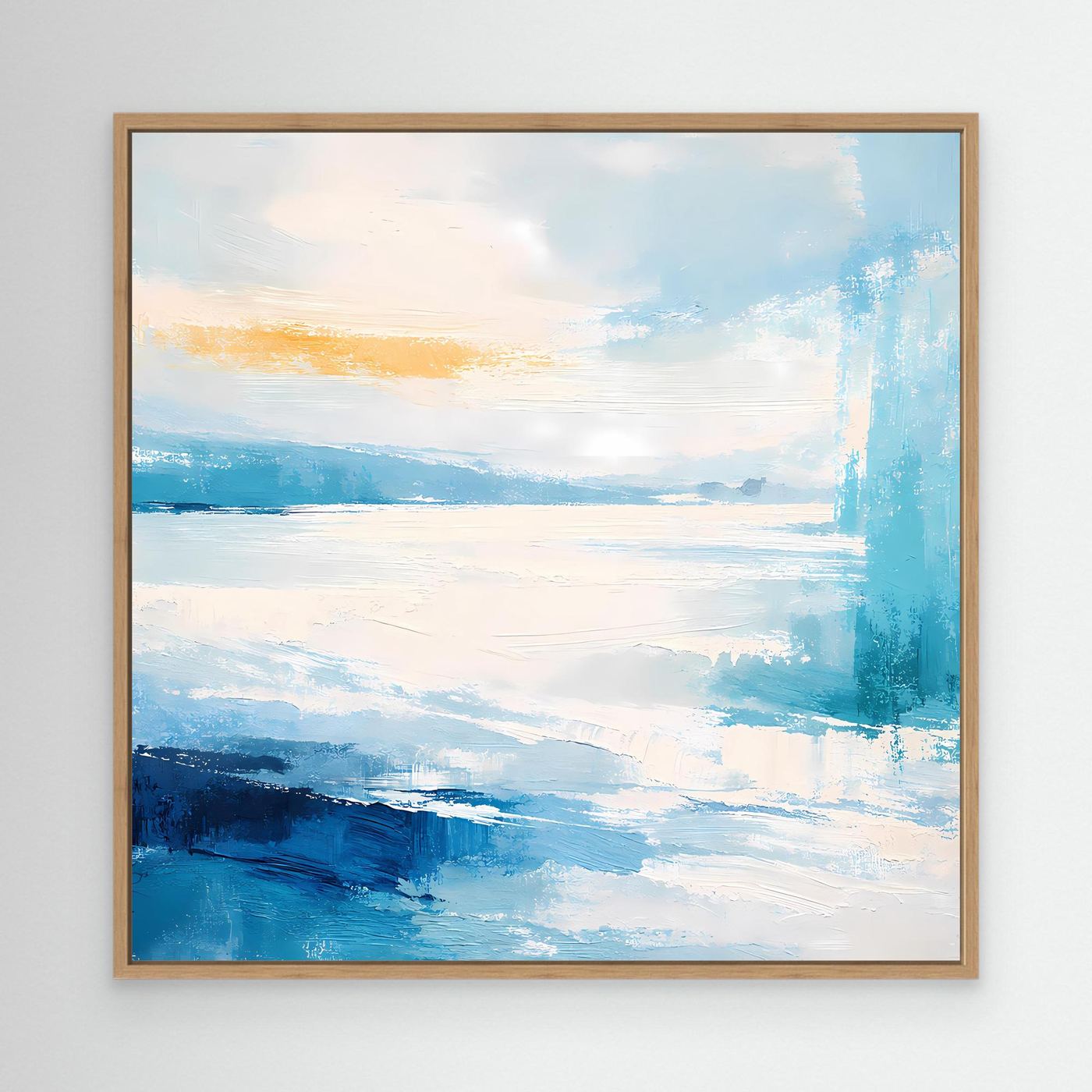 Wandbild auf Leinwand mit maritimer abstrakter Küstenlandschaft, Holzrahmen in Eiche