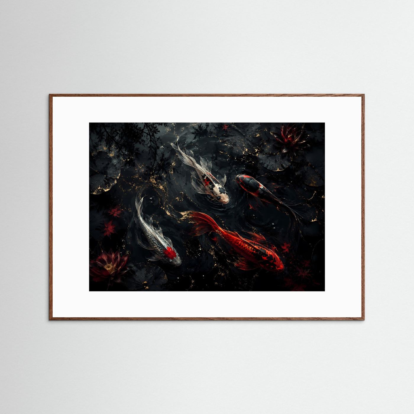 Koi-Karpfen im dunklen Lotus-Teich | Elegantes asiatisches Wandbild in Schwarz, Rot & Gold
