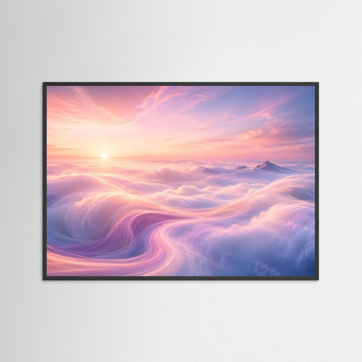 Poster im Querformat mit schwarzem Rahmen und Wolkenlandschaft beim Sonnenaufgang.