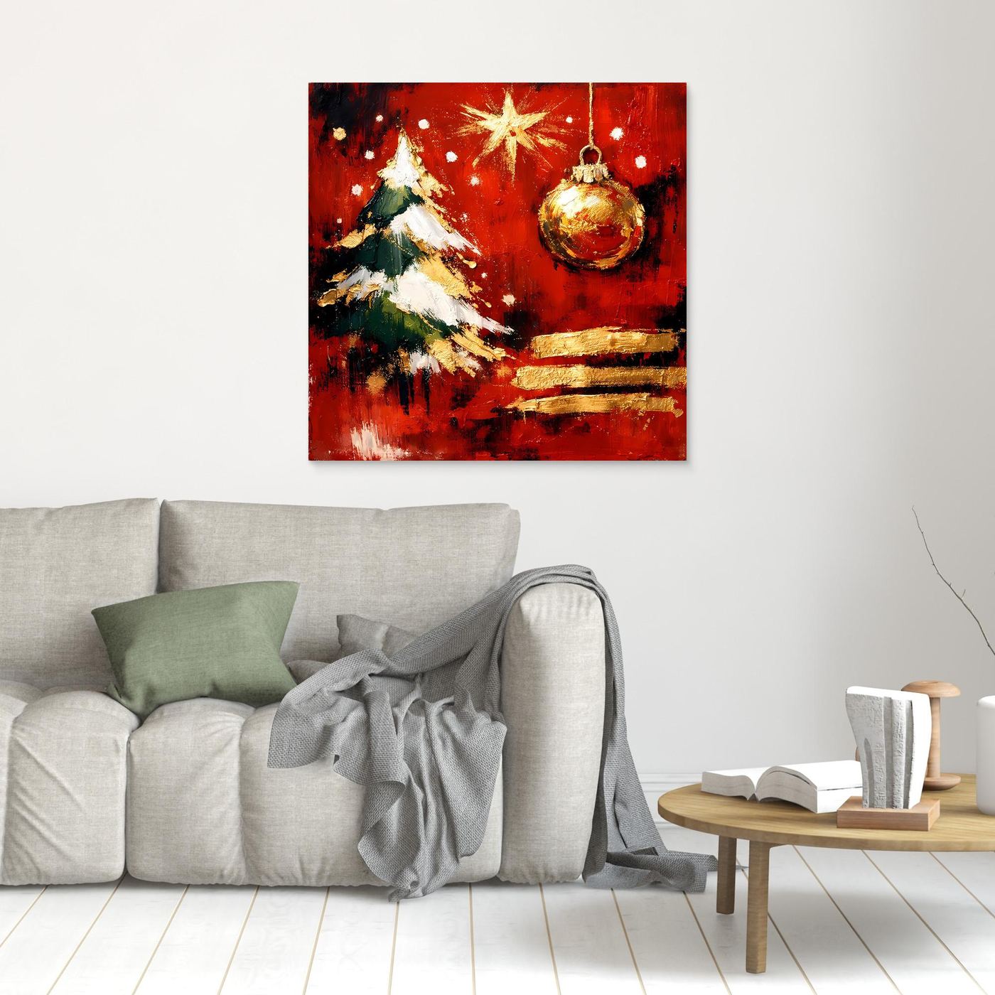 Gerahmtes Leinwand-Wandbild: kleiner abstrakter Weihnachtsbaum in Rot und Gold, heller Holzrahmen.