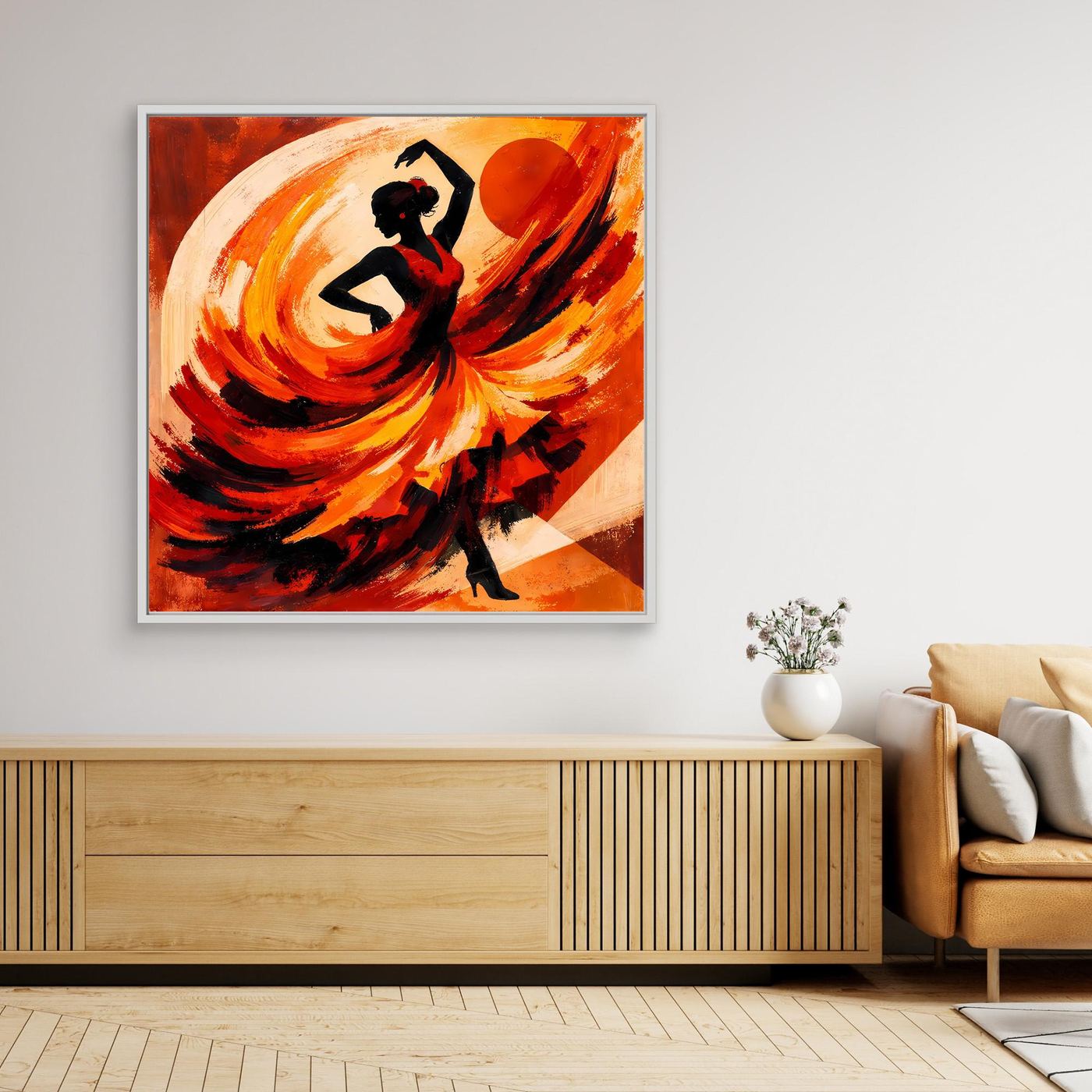 Wandbild mit abstrakter Flamenco-Tänzerin in Rot, mit weißem Rahmen