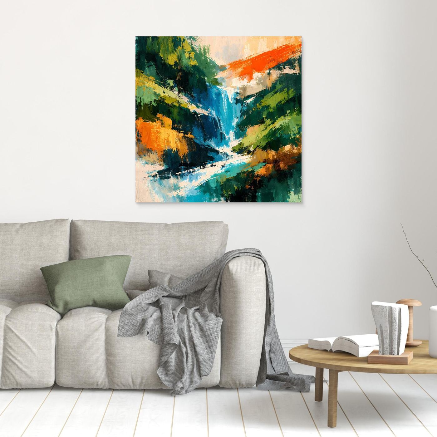 Quadratisches Leinwand-Wandbild mit abstraktem Wasserfall, farbige Pinselstruktur, ohne Rahmen