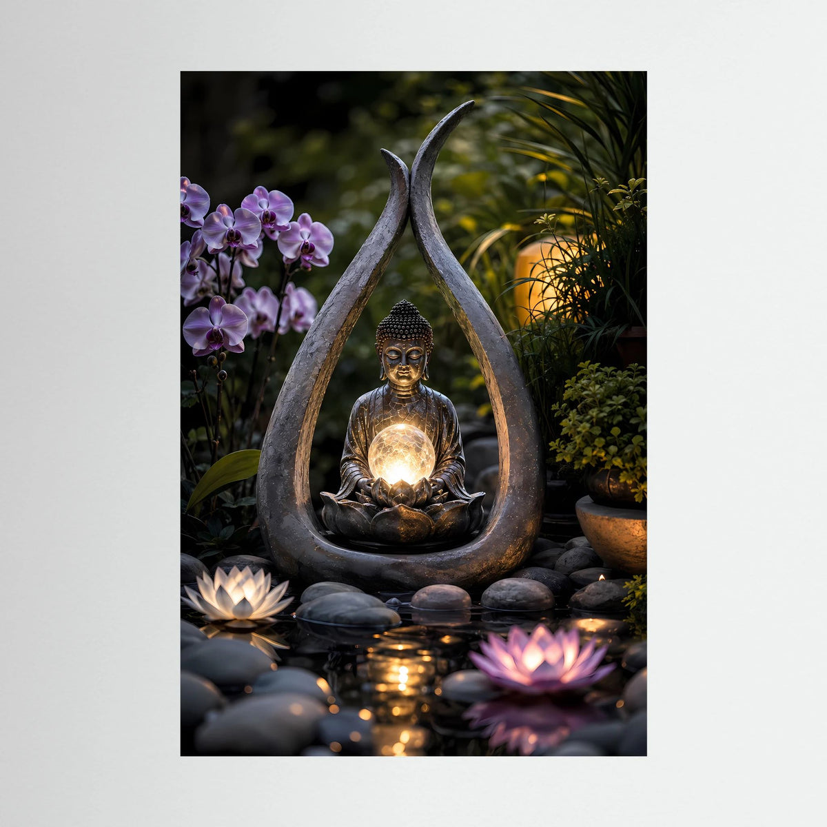 Spirituelles Hochformat-Poster mit Buddha, leuchtender Lichtkugel, Lotus und Violettblüten