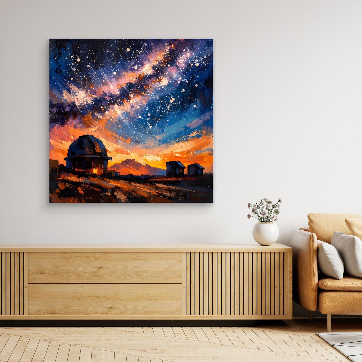 Leinwand-Wandbild mit Milchstraße über dunkler Sternwarte und orangefarbenem Horizont