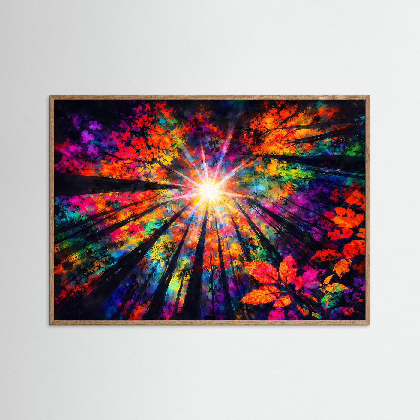 Abstraktes Kunstposter im Querformat in hellem Eichenrahmen mit farbenfrohem Lichtstern