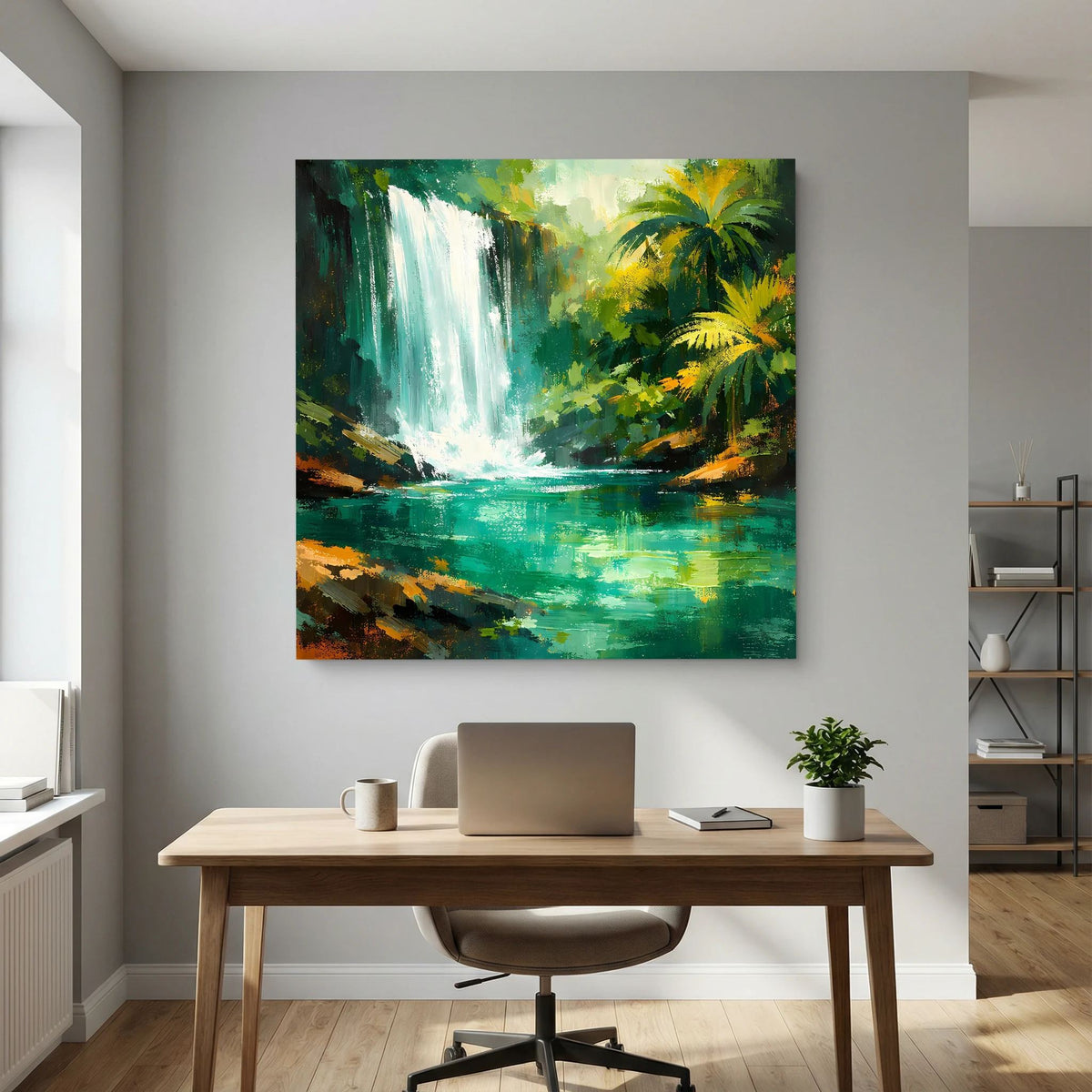 Leinwand-Wandbild mit hellem Wasserfall, türkis-grünem Fluss und Palmen im Dschungel