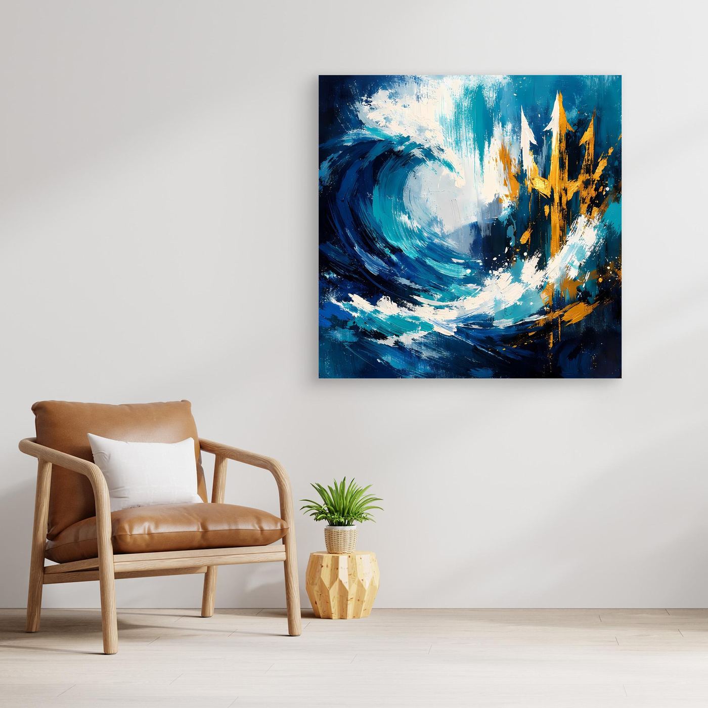 Square nautical wall art with blue waves and golden trident on wall, unframed