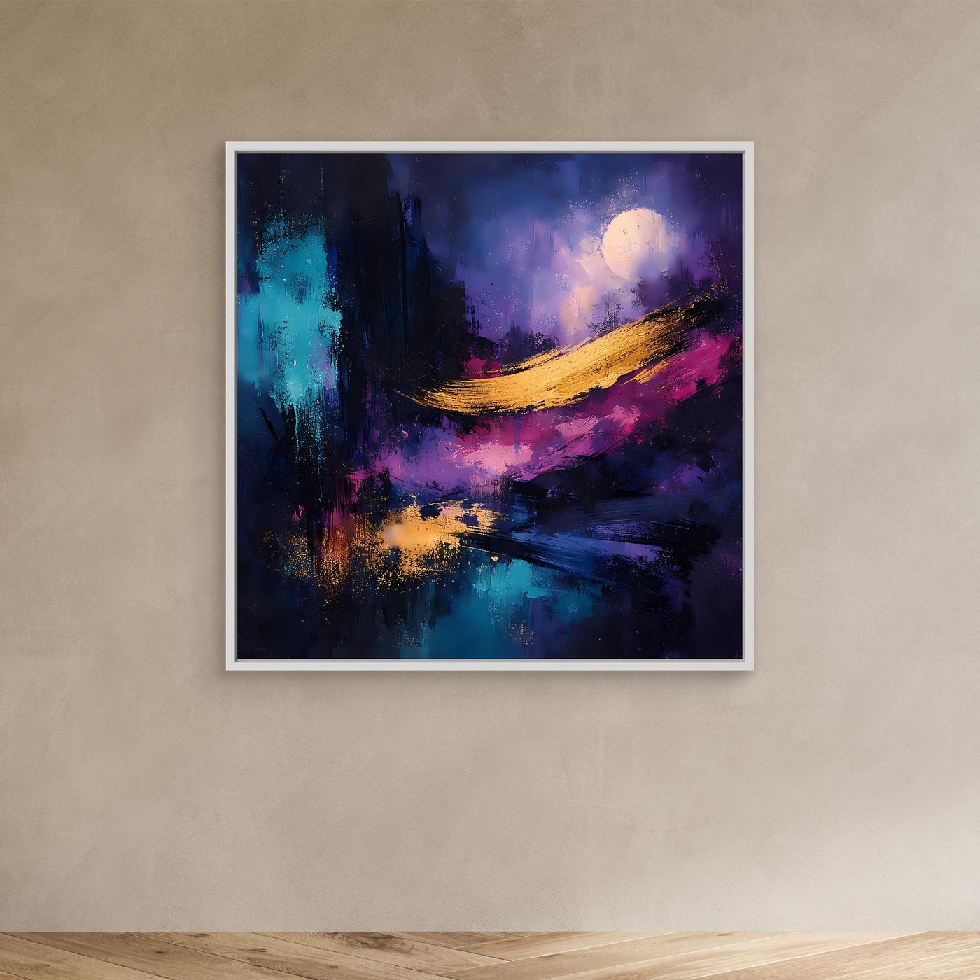 Abstraktes Leinwand-Wandbild mit Vollmond, weißer Rahmen