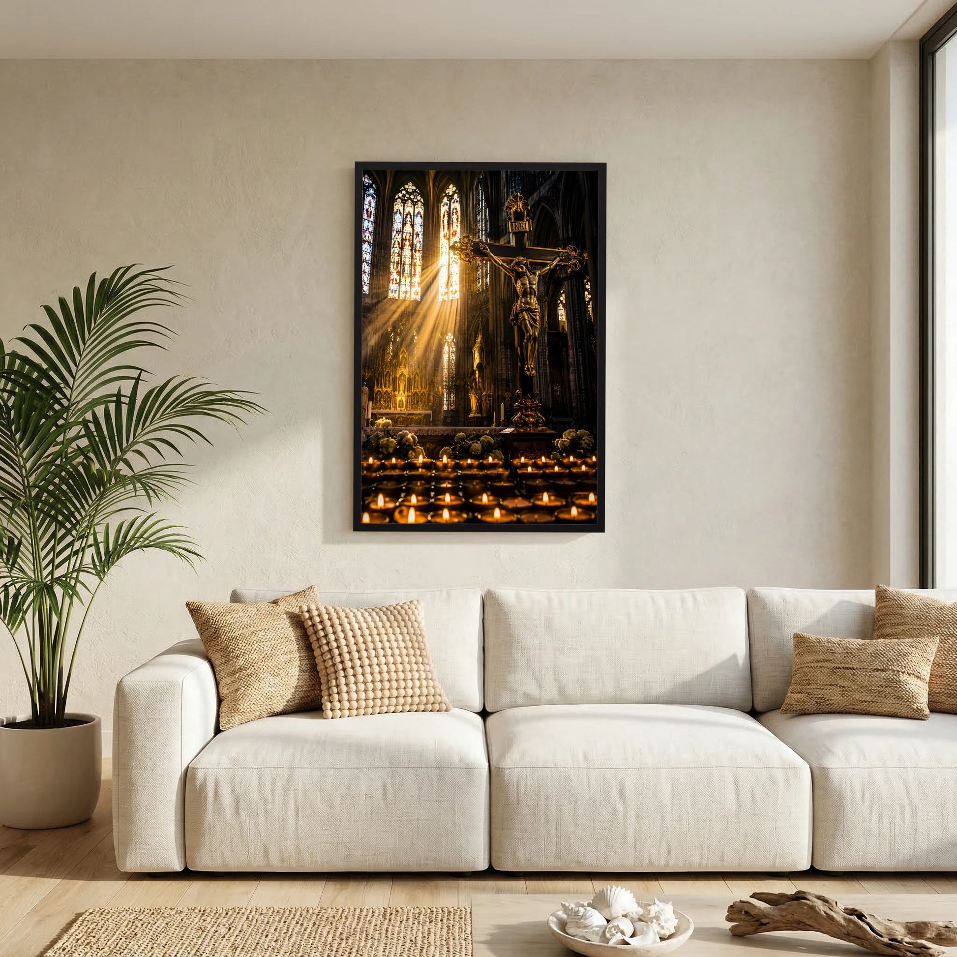 Hochformatiges Poster mit Christus am Kreuz in gotischer Kirche, schwarzer Rahmen