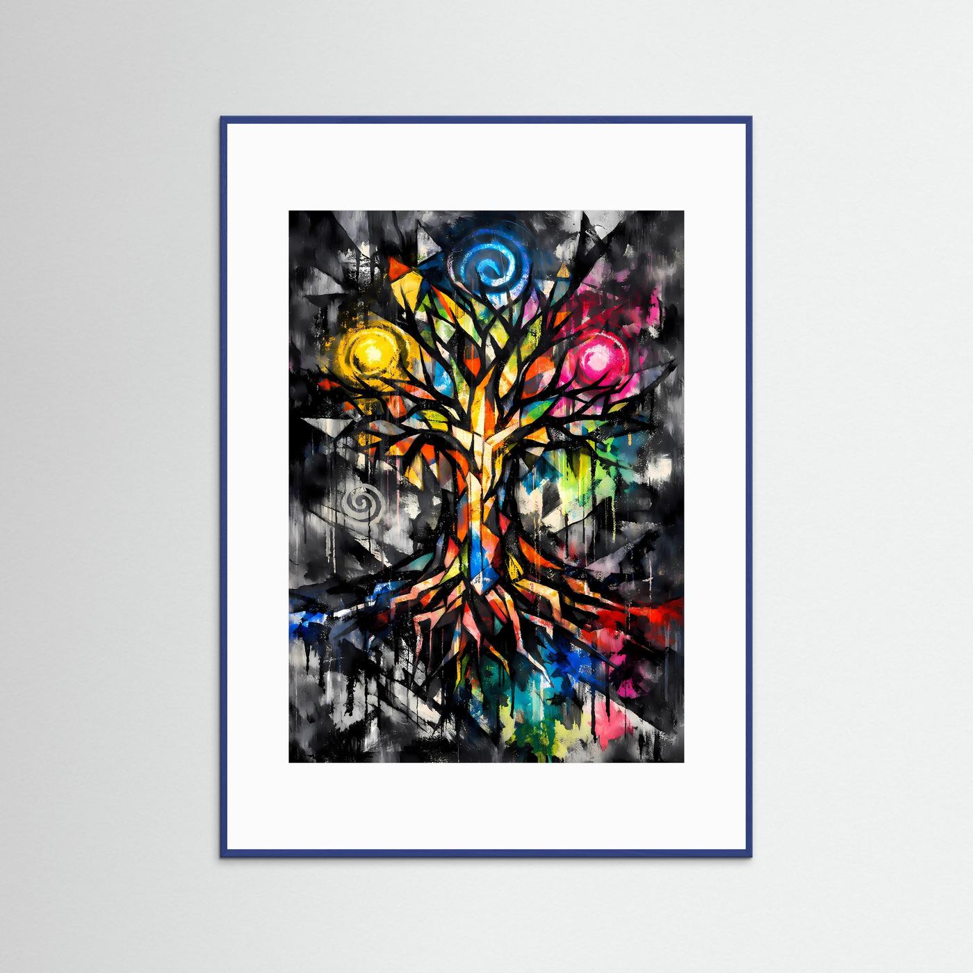 Die Energie des Lebens | Farbenfrohes Lebensbaum Poster in bunten Farben & Schwarz | Abstraktes Kunstposter Hochformat