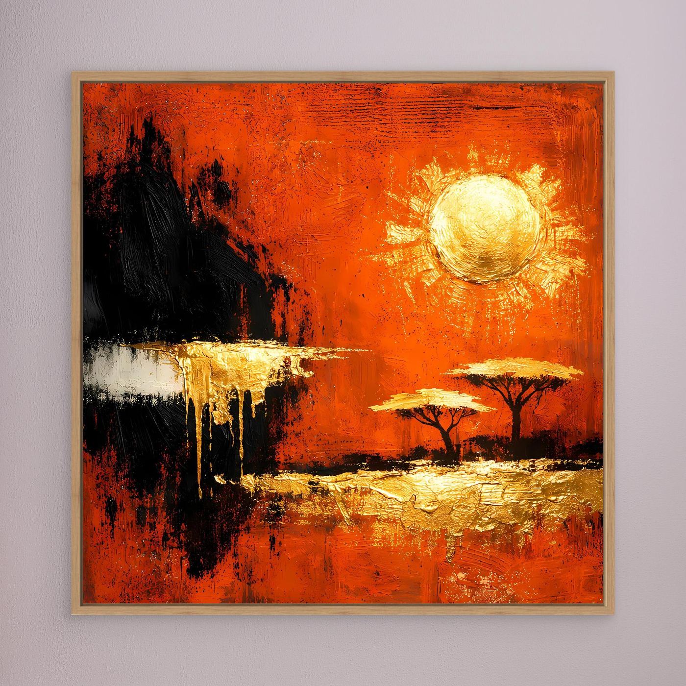 Leinwand Abstrakte Savanne bei Sonnenuntergang | Modernes Afrika Wandbild in Rot und Gold