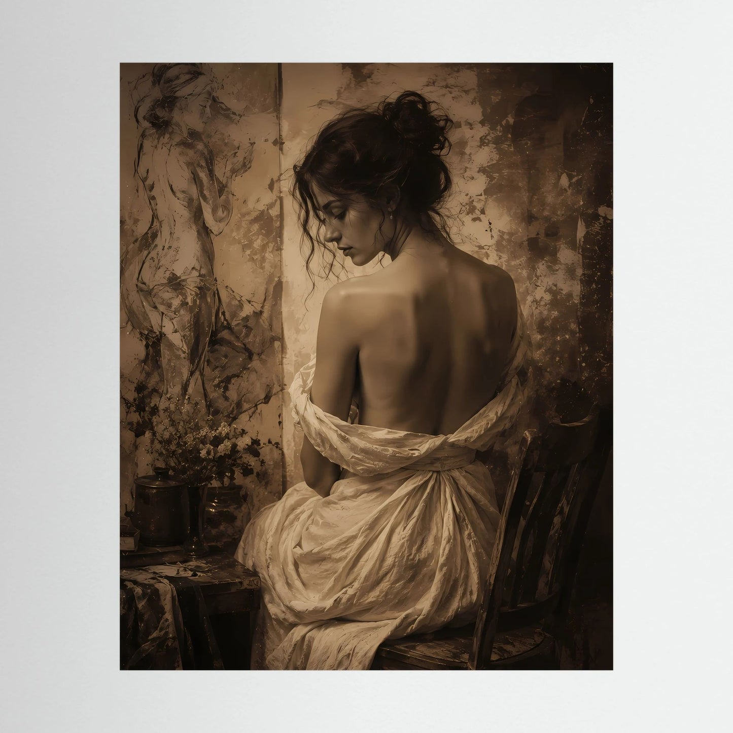 Kunstdruck: Rückenansicht einer Frau in Sepia mit weißem Drapiertuch, Vintage-Porträt.