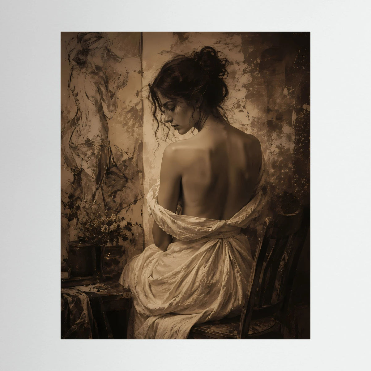 Kunstdruck: Rückenansicht einer Frau in Sepia mit weißem Drapiertuch, Vintage-Porträt.