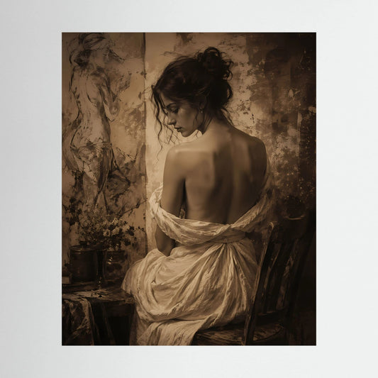 Kunstdruck: Rückenansicht einer Frau in Sepia mit weißem Drapiertuch, Vintage-Porträt.